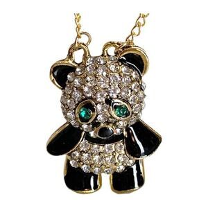 NEW Black White Rhinestone PANDA BEAR Long Necklace Green Eyes Gold Chain NWT